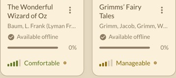 Two library entries showing Comfortable and Manageable reading-fit labels