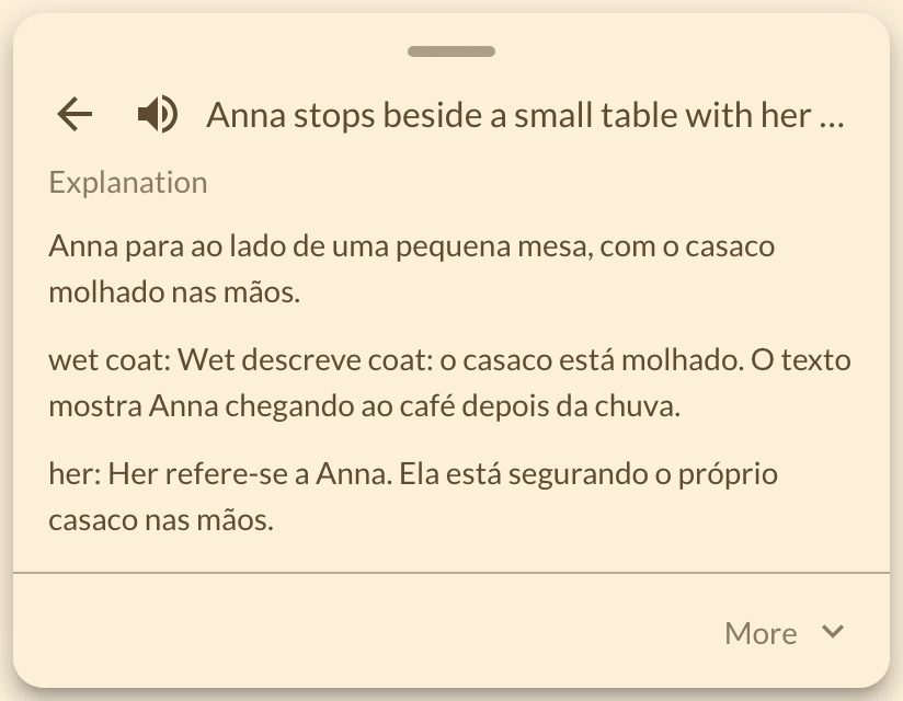 Explicação de uma frase de The Last Table, com tradução e notas em português; controles em inglês