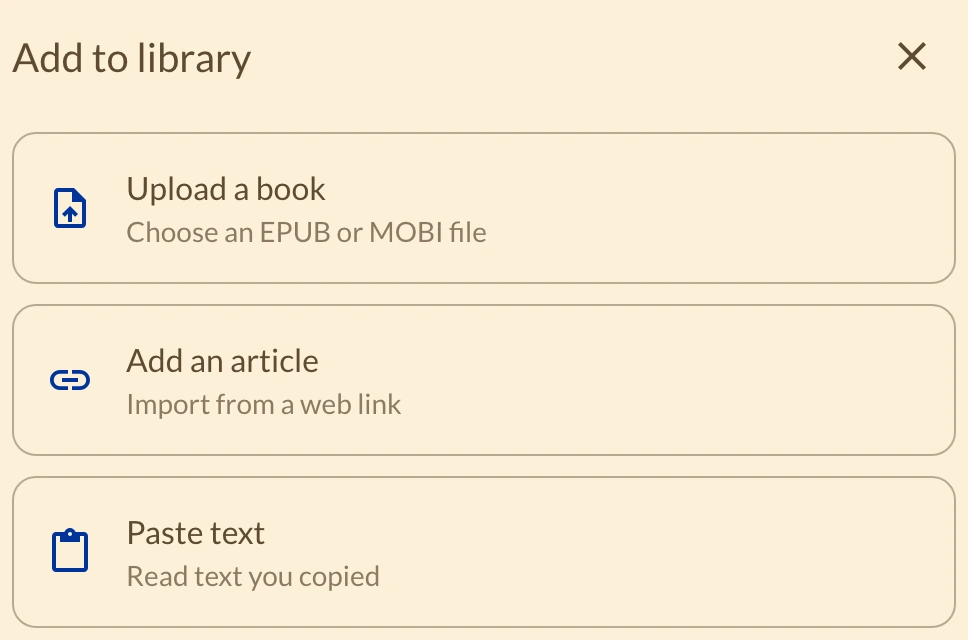 Menu Add to library do aplicativo em inglês, com a opção Upload a book