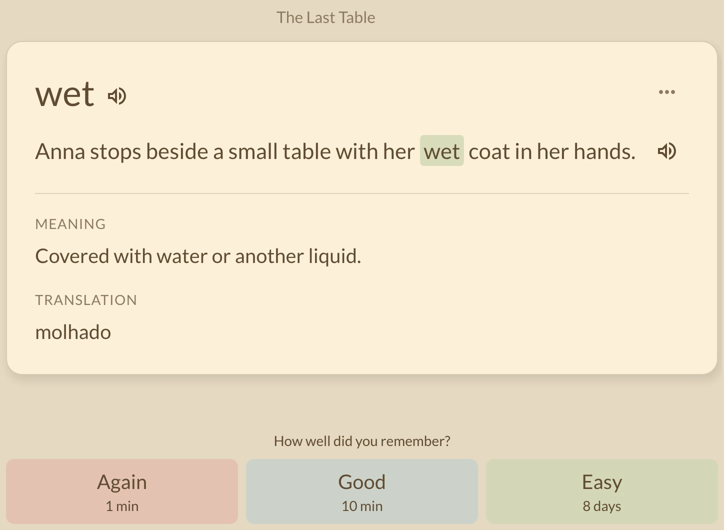 Cartão de revisão de wet com definição em inglês, tradução em português e a frase de Anna; controles em inglês